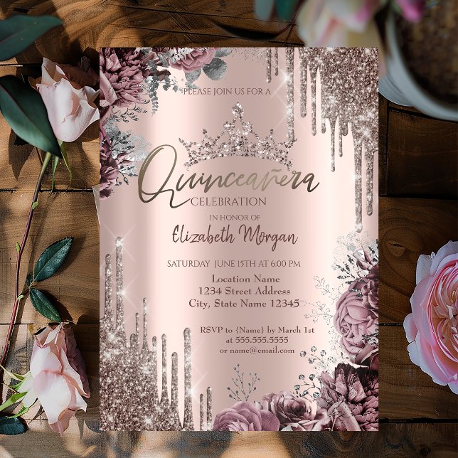 Invitation Chic Cool Glitter Crown Drop Dark Roses (Créateur téléchargé)