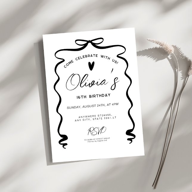 Invitation Chic coquette Black Bow 16th Birthday Party (Créateur téléchargé)