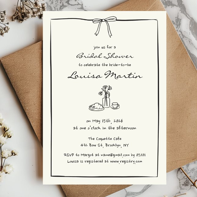 Invitation Chic Coquette Fête des mariées Bow intemporelle Br (Celebrate the bride with this stylish invitation featuring a bow and hand drawn bridal brunch scene!)