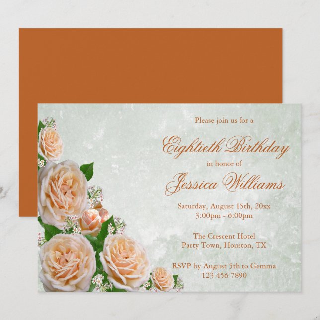 Invitation Chic Corner Roses Flower Bouquet Woman's Birthday (Devant / Derrière)