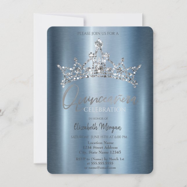 Invitation Chic Couronne bleu métallique Quinceañera (Devant)