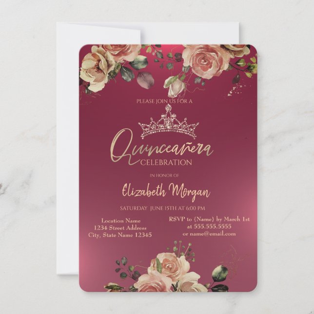 Invitation Chic Couronne Vintages Roses Bourgogne Quinceañera (Devant)