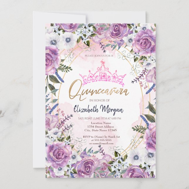 Invitation Chic Couronne Violet Fleurs Quinceanera (Devant)
