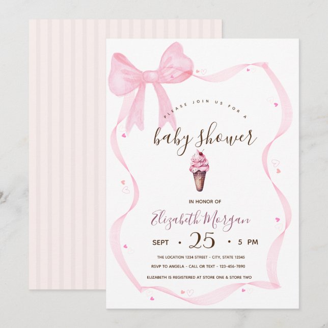 Invitation Chic crème glacée Bow Baby shower rayé (Devant / Derrière)