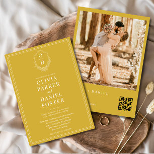 Invitation Chic Crest Gold Champagne QR Code Mariage photo