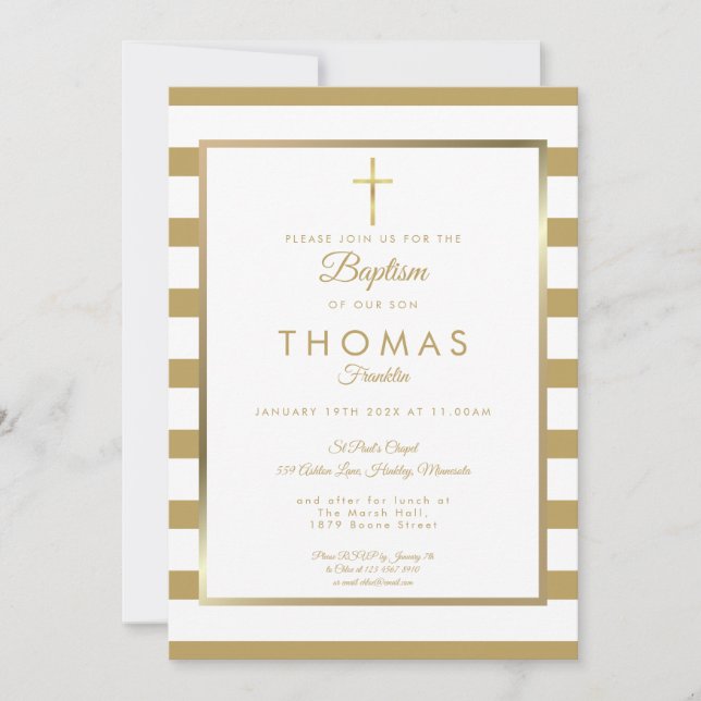 Invitation Chic Croix d'or simple Baptême Christening (Devant)