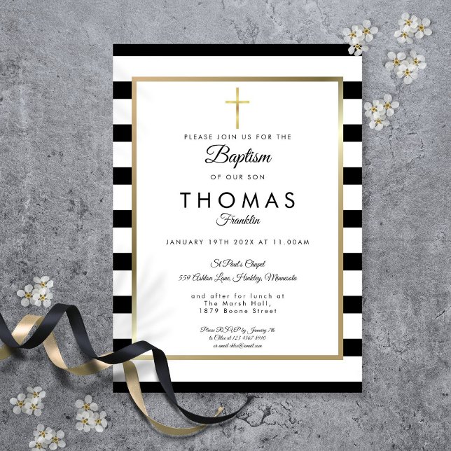 Invitation Chic Croix d'or simple Baptême Christening (Chic Simple Gold Cross Baptism Christening Invitation)