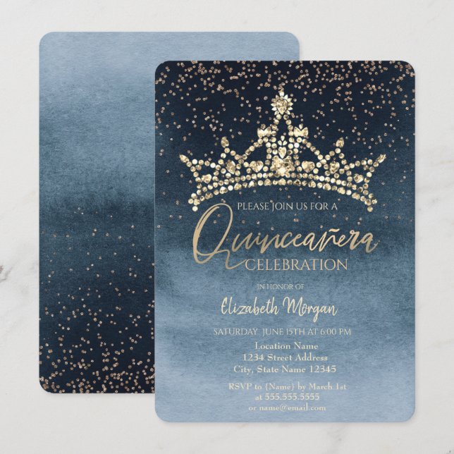 Invitation Chic Crown Confetti Marine Blue Quinceañera (Devant / Derrière)