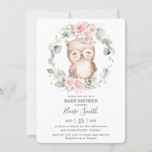 Invitation Chic Cute Owl Rose Floral Baby shower de verdure