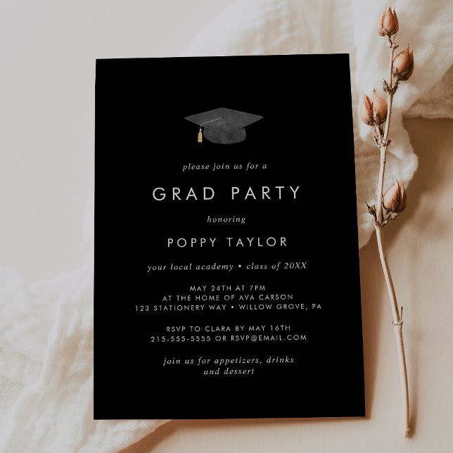 Invitation Chic Dark Black Graduation Cap Grad Party (Créateur téléchargé)