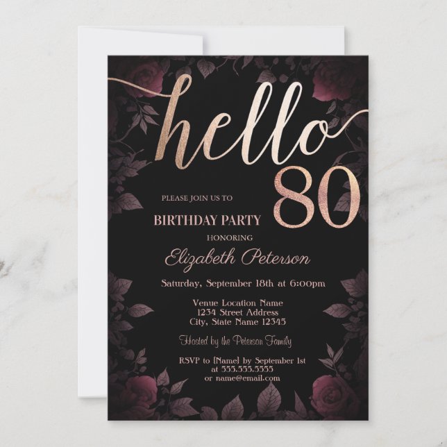 Invitation Chic Dark Bourgogne Rose Noir 80e anniversaire (Devant)
