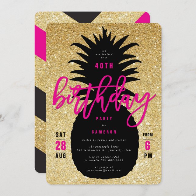 Invitation chic de fête d'anniversaire d'ananas de (Devant / Derrière)