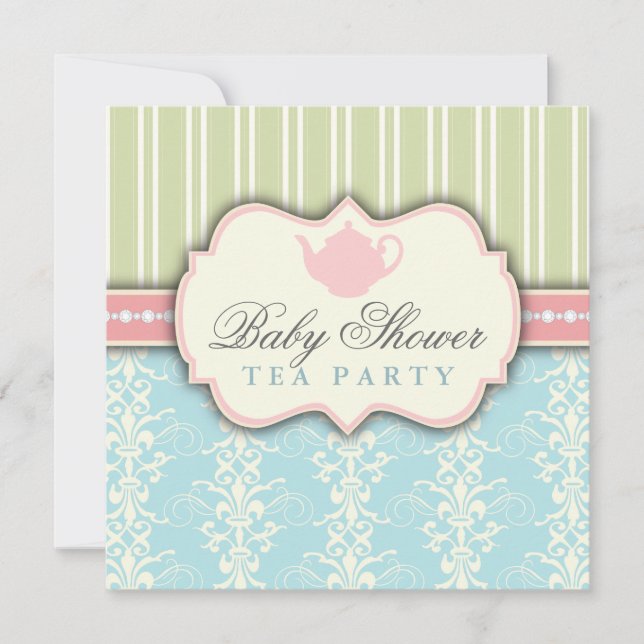 Invitation chic de thé de baby shower de damassé (Devant)