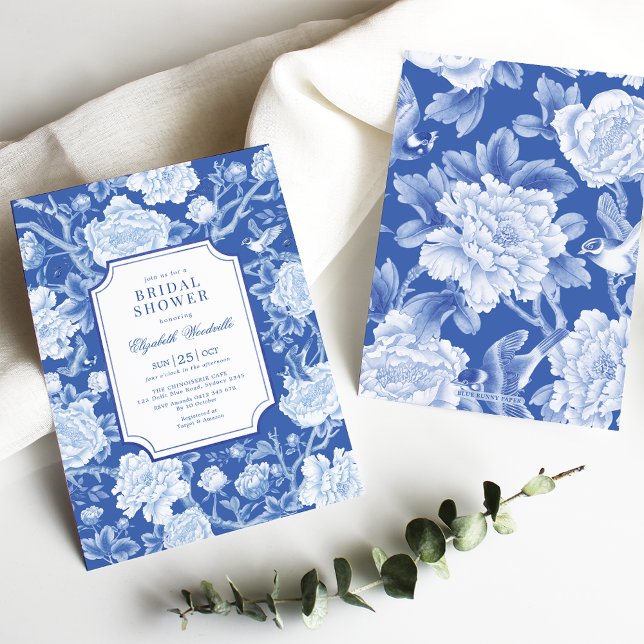 Invitation Chic Delft Blue Chinoiserie Floral Fête des mariée (Créateur téléchargé)