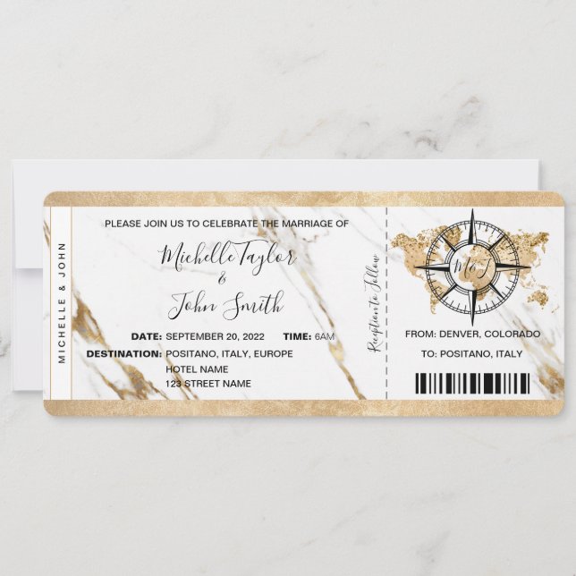 Invitation Chic Destination Mariage Pass Embarquement Billet  (Devant)
