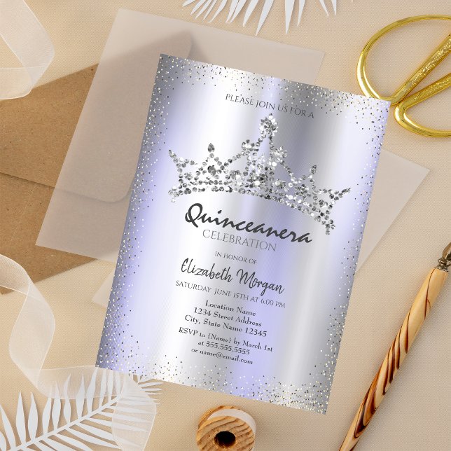 Invitation Chic Diamants Couronne Violet Metallic Quinceañera (Créateur téléchargé)