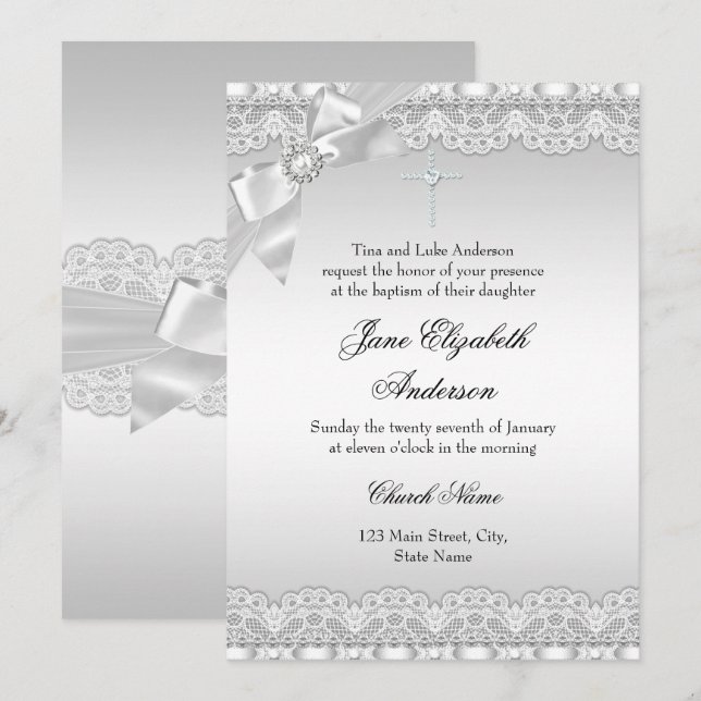 Invitation Chic Diamond dentelle argent Baptême fille/garçon (Devant / Derrière)