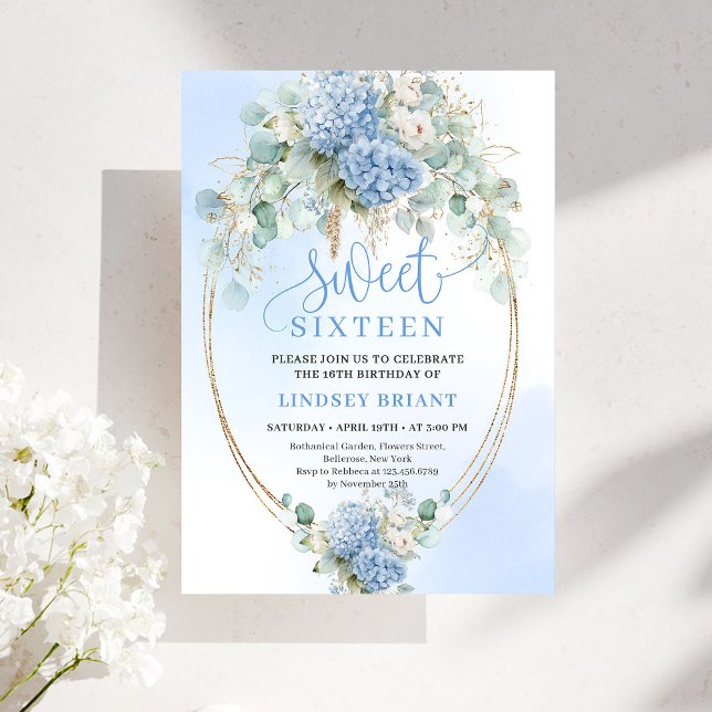 Invitation Chic Digital Blue Floral Eucalyptus Gold Sweet 16 (Digital Blue Floral Eucalyptus Gold Sweet 16 Invite)