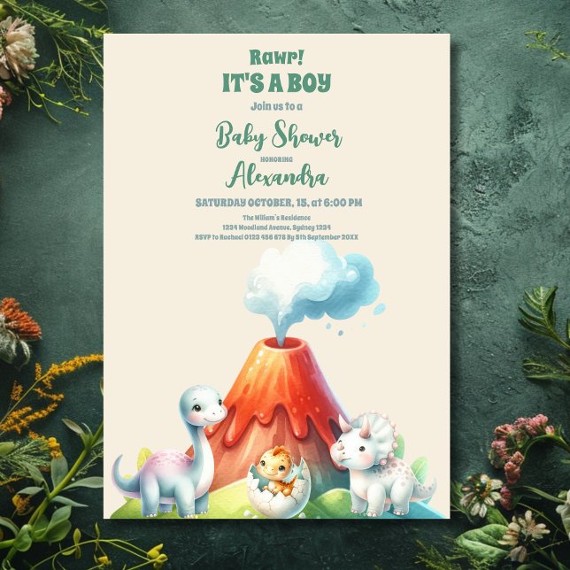 Invitation Chic Dinosaur Boy Baby shower Verdure (Créateur téléchargé)