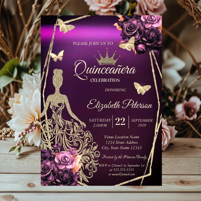 Invitation Chic Dress,Butterfly Violet Roses Quinceañera (Créateur téléchargé)