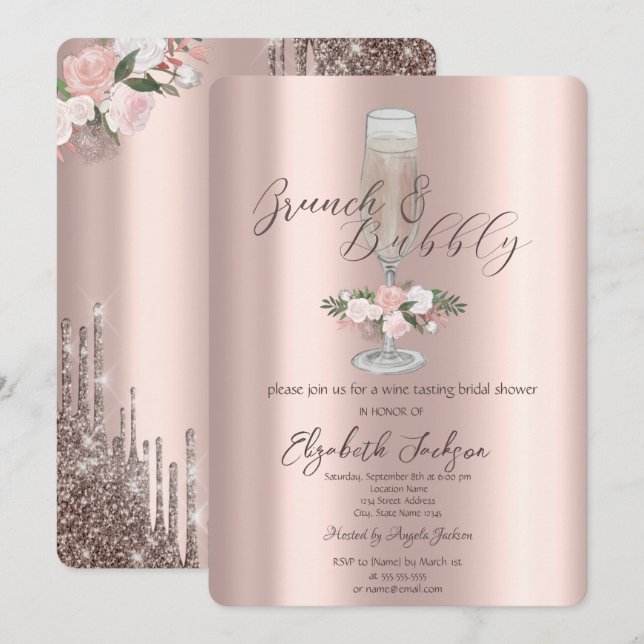 Invitation Chic Drives, Verre, Brunch Rose & Bubbly (Devant / Derrière)