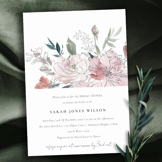 Invitation Chic Dusky Blush Aquarelle Fête des mariées Floral (Créateur téléchargé)