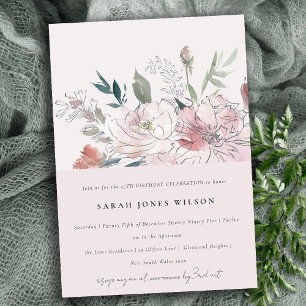 Invitation Chic Dusky Blush Aquarelle Florale Anniversaire