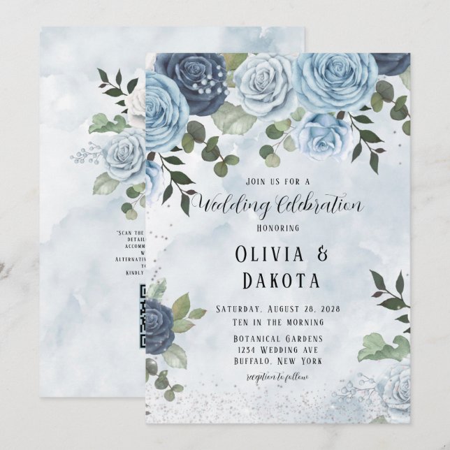 Invitation Chic Dusty Blue Aquarelle Floral Mariage QR Code (Devant / Derrière)
