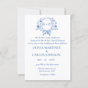 Invitation Chic Dusty Blue Crest Monogramme élégant mariage