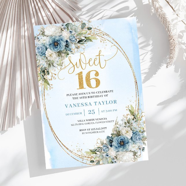 Invitation Chic Dusty Blue Floral Eucalyptus Sweet 16 Invite (Chic Dusty Blue Floral Eucalyptus Sweet 16th Invite)
