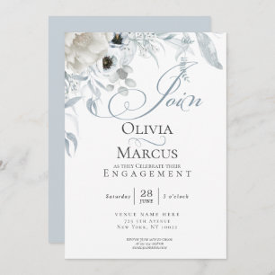 Invitation Chic Dusty Blue Floral Fiançailles