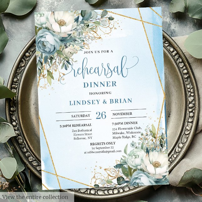 Invitation Chic Dusty Blue Floral Gold Glitter Dinner Invites (Chic Dusty Blue Floral Gold Glitter Dinner Invitation)