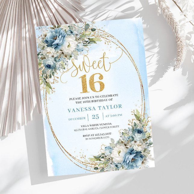 Invitation Chic Dusty Blue Floral Sweet 16th Birthday Invites (Chic Dusty Blue Floral Sweet 16th Birthday Invitation)