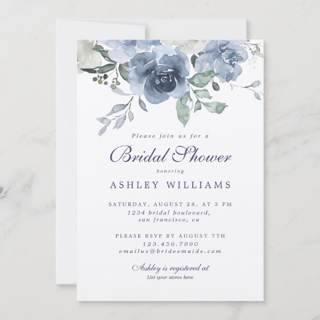 Invitation Chic Dusty Blue Rose Marine Bleu Fête des mariées  (Devant)