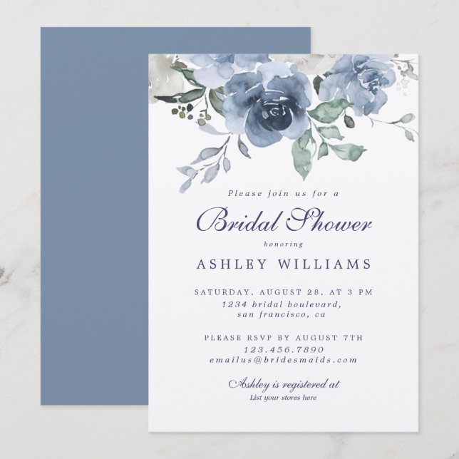 Invitation Chic Dusty Blue Rose Marine Fête des mariées bleue (Devant / Derrière)