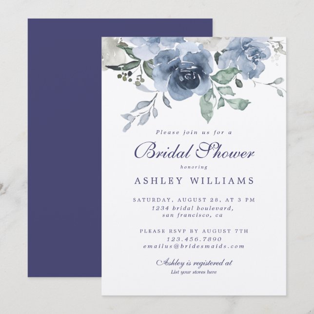 Invitation Chic Dusty Blue Rose Marine Fête des mariées bleue (Devant / Derrière)