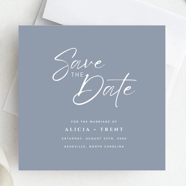Invitation Chic Dusty Blue & White Calligraphy Save the Date (Créateur téléchargé)