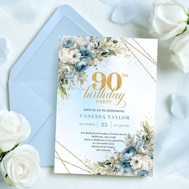 Invitation Chic Dusty Blue White Flowers 90th Birthday Invite (Chic Dusty Blue White Flowers 90th Birthday Invite

)