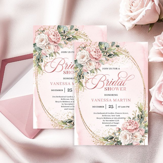 Invitation Chic Dusty Pink Floral Gold Glitter Bridal Shower (Chic Dusty Pink Floral Gold Glitter Bridal Shower)