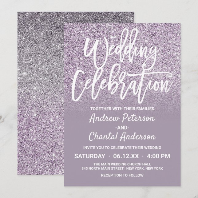 Invitation Chic Dusty Purple Grey Faux Parties scintillant Om (Devant / Derrière)