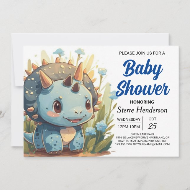 Invitation Chic Editable Cute Dinosaur Boy Baby shower (Devant)