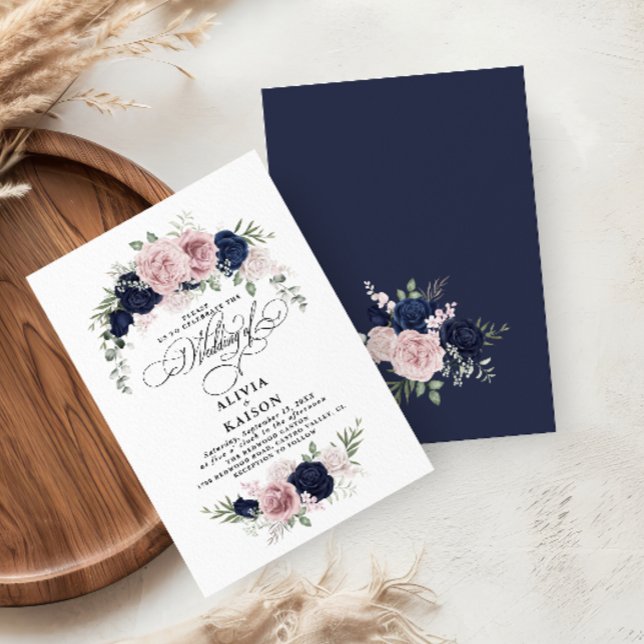 Invitation Chic Elegant Blush Mariage bleu marine (Créateur téléchargé)