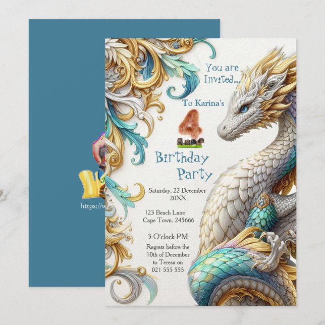 Invitation Chic Elegant Fils en Or, Argent Jouer Dragon (Devant / Derrière)