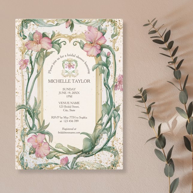 Invitation Chic élégant Floral Blush Art Nouveau Rose (Créateur téléchargé)