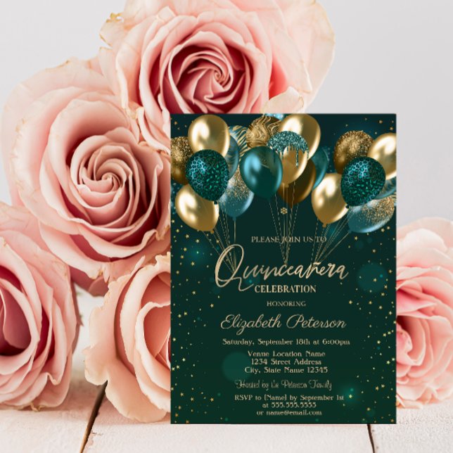 Invitation Chic élégant Gold Green Balloons Green Quinceañera (Créateur téléchargé)