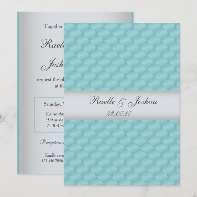 Invitation Chic élégant luxueux courbé turquoise argent Maria (Devant / Derrière)