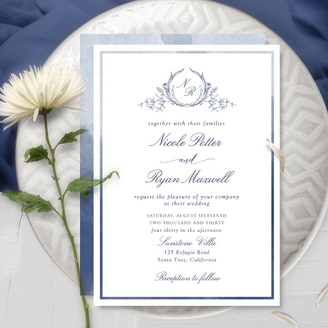 Invitation Chic Elegant Monogram Marine Mariage Aquarelle ble (Créateur téléchargé)