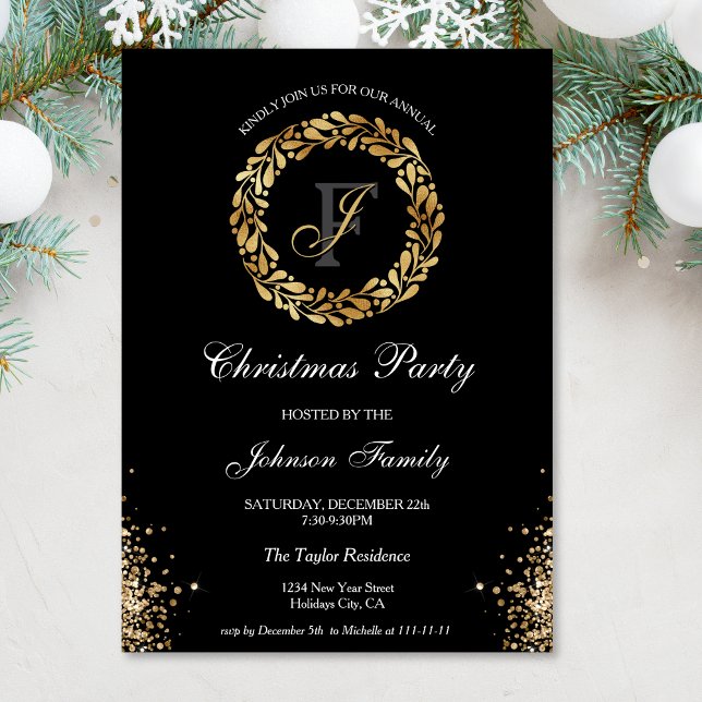 Invitation Chic Elegant or Monogramme Wreath Noël Party (gold glitter christmas wreath)