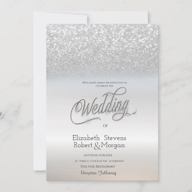 Invitation Chic Elegant Parties scintillant Argent Mariage Bo (Devant)