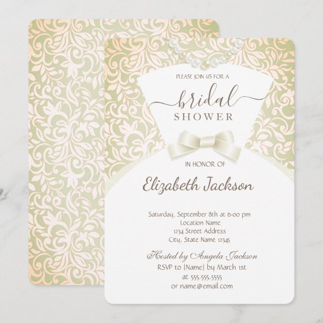 Invitation Chic élégant robe de mariée Damask Fête des mariée (Devant / Derrière)